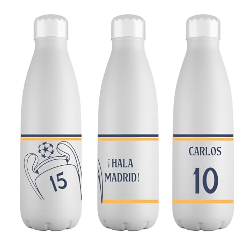Mookase Botella Personalizada del Real Madrid Futbol con Nombre- Real Madrid - Acero Inoxidable 500 ml- Botellas Equipo de Futbol - Regalo Original - Botella para niño y niña