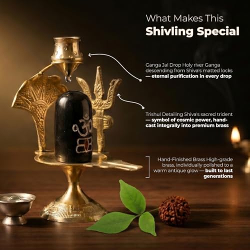 Image of Divine Hindu Brass Trishul Dhari Shivling with Automatic Ganga Jal Drop | Continuous Jalabhishek Shiv Lingam for Sawan & Pooja Room | Lord Shiva Idol Gift for Housewarming & Maha Shivratri