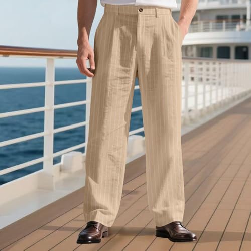 Dress Pants for Men Striped Linen Casual Pant Business Office Wide Leg Trouser Button Waist Trousers with Pockets4