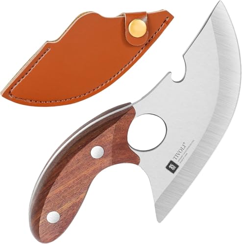 TIVOLI Ulu Small Meat Knife 5-inch Handmade Alaskan Rocker Knife With Sheath Full Tang Kitchen Utility Knife Portable Outdoor Camping Knife with Bottle Opener for BBQ Fishing Hiking