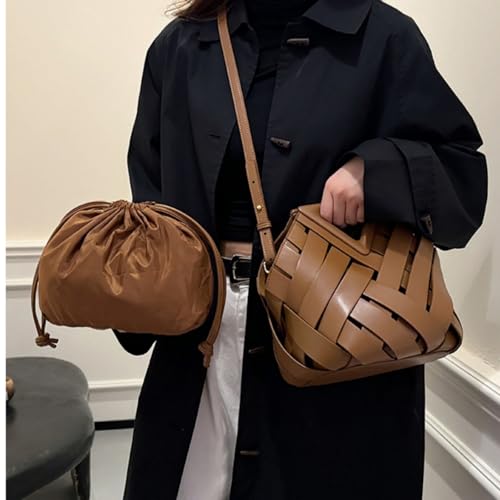 Woven Bucket Crossbody Bags for Women, Retro Leather Tote Handbag Top-handle Hobo Purse Inverted Triangle Shoulder Bag2