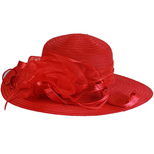 Summer Sun Hats for Women Wide Brim Straw Hat Beach Hat Cap UPF UV for Travel Red