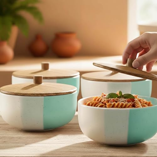 Image of The Earth Store Tritone Green Matte Ceramic Bowl Set of 4 - 500ML Each with Nob Wooden Lid | Mixing Bowls for Snacks, Rice, Dal, Fruits, Salad Microwave Safe Bowl with Lid Perfect Gifting & Daily Use