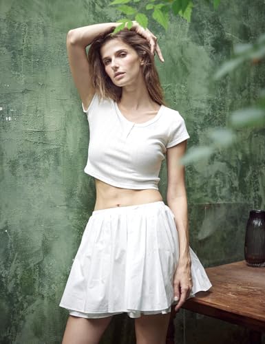 BEAUTELICATE White 100% Cotton Mini Skirt Side 2 Pockets Elastic Waist Fluffy Skirt Pure Cotton Lining2