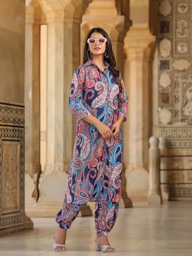 GRECIILOOKS Women’s Floral Printed Co-ord Set | Navy Blue Rayon Kurta with Pants | Casual & Festive Ethnic Wear 3/4 Sleeves | Co ord Set For Women Stylish | 2 Piece Dress For Holiday Look & Puja