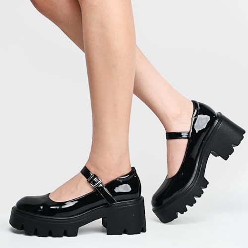 Women's Mary Jane Shoes - Platform Mary Janes for Women, Black Leather Round Toe Chunky Dress Shoes with Adjustable Ankle Strap4