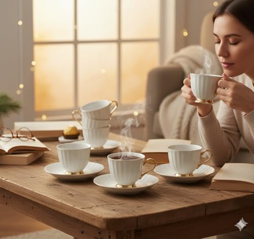 Image of Tea Cups and Saucers Set of 6 (180 Ml), Porcelain White Tea Cup Set with Golden Trim, Dishwasher Safe for Tea Milk & Coffee Chai, Teacup Set Gift Pack