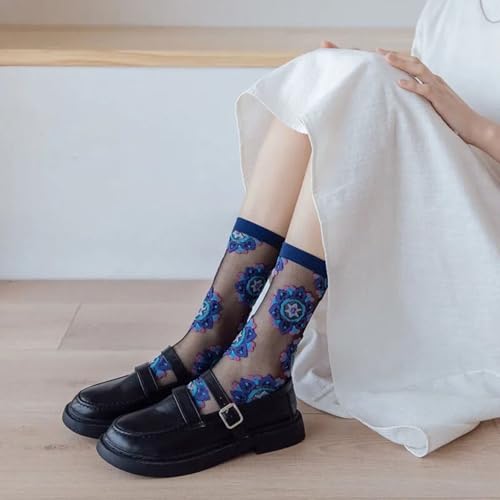 Image of Starella Womens Summer Sheer Socks Mesh Cute Floral Dress Sock Transparent Nylon See Through Stockings 3 Pairs Floral /Vintage