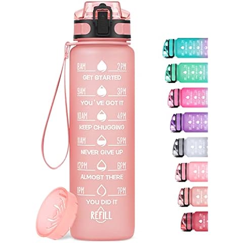 MEITAGIE Reusable Water Bottle, 1 Litre Water Bottle, BPA-Free Tritan Plastic Sports Bottle, with Filter and Time Marker, for Children and Adults, Home and Outdoor, Pink Cover