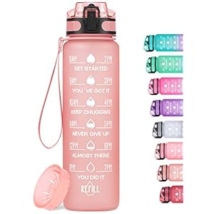MEITAGIE 32oz Motivational Water Bottle with Time Marker & Fruit Strainer, Leak-proof BPA Free Non-Toxic 1l Bottle with Carrying Strap, Perfect for Fitness, Gym and Outdoor Sports (Rose Quartz)