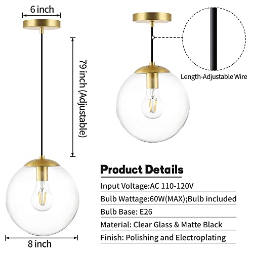 Koko&Yukina Globe Pendant Lighting For Kitchen Island Mid Century Modern Hanging Light Fixture With Clear Globe Glass Gold Brass Hanging Ceiling Lights For Sink Bathroom Entryway #TOP3