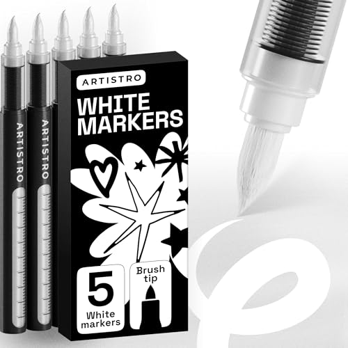 Image of ARTISTRO 5 White Paint Pen for Rock, Glass, Ceramic, Wood, Tire, Fabric, Metal, Canvas, Marking, Painting - Set of 5 Acrylic Paint Markers Water-based - Brush Tip with Automatic Ink Control System