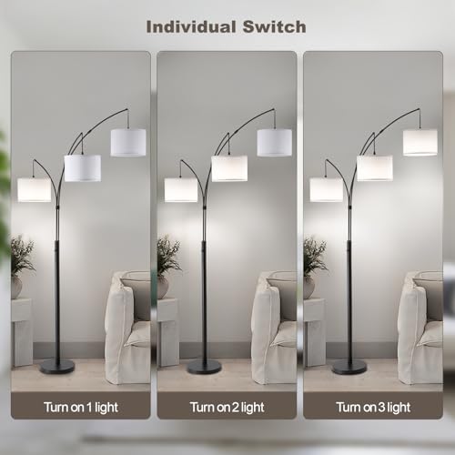 Image of Floor lamp with Remote, 3 Light Arc Floor Lamps for Living Room, 2400LM Tall Standing Floor Lamps with White Shades, 80 inch Large Floor Lamp for Bedroom, Office