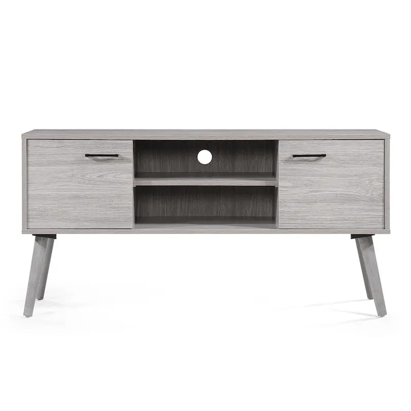 Image of Riva Engineered Wood TV Cabinet & Entertainment Unit | Modern TV Stand with 2 Storage Cabinets & Open Shelves | Solidwood Legs | Mid-Century Design | Ash Grey Finish