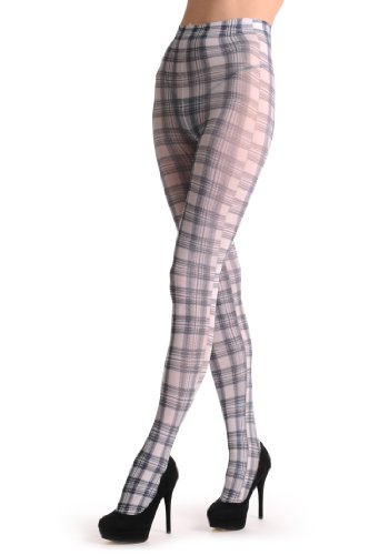 LissKiss White & Black Checkered - White Printed Geometrical Pantyhose (Tights)4