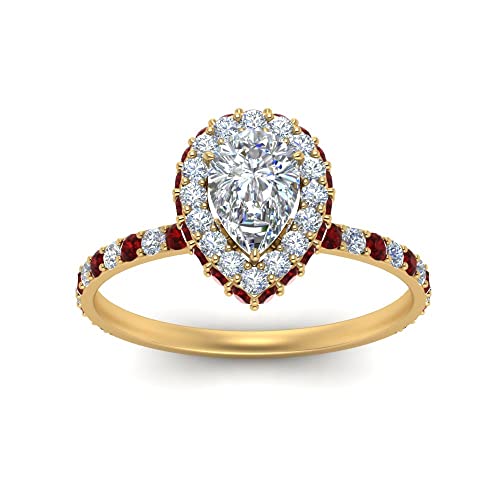 Image of Choose Your Gemstone Pave Rollover Pear Halo Engagement Ring Yellow Gold Plated Pear Shape Halo Engagement Rings Matching Jewelry Wedding Jewelry Easy to Wear Gifts US Size 4 to 12