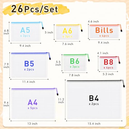 image for PAPEJOON 26pcs Mesh Zipper Pouch Bags, 8 Sizes Plastic Zippered Storag