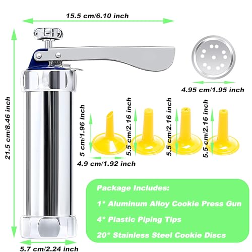 Suuker Cookie Press, Cookie Press Gun Aluminum Alloy with 4 Piping Tips and 20 Cookie Discs, Cookie Maker Machine, Cookie Press Baking