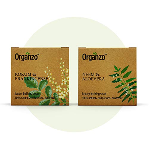 Organzo Organic Natural Hand Made Luxury Bathing Soap with Neem & Aloe Vera, Kokum Butter & Frankincense Chemical Free, Cold pressed Paraben Free SLS Free 100gm (Pack of 2)