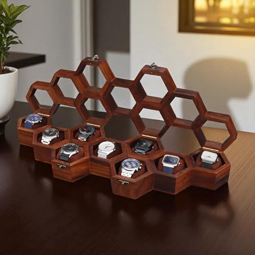 Image of Vintage Wooden Watch Box For Men, Timepiece Display Case, Honeycomb Watch Storage & Organizer, Jewelry Box For Women For Husband (9 Compartments - 2)
