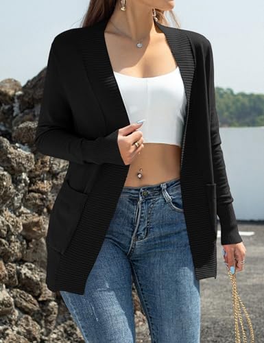 Image of Womens Open Front Cardigan Sweaters Oversized Long Sleeve Two Pockets Loose Solid Knit Sweaters