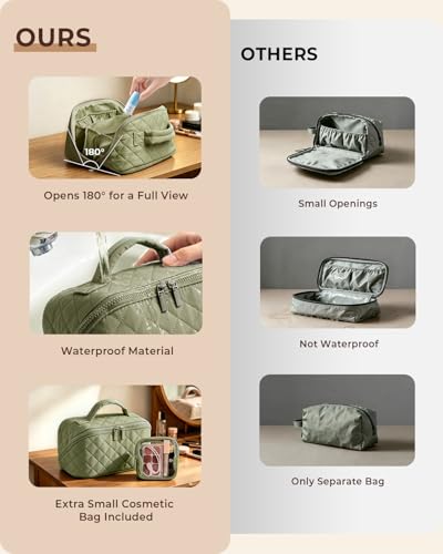 Image of Batfield Makeup Pouch Bag for Women, 2Pcs Waterproof Puffer Set with 180 Flat Open, Travel Large Capacity Makeup Bag for Women with Brush Compartment & Handle for Vacation, Business Trip (Green)