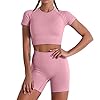 Women-Seamless-Yoga-Workout-Set-2-Piece-High-Waisted-Outfits-Sets-Crop-Tops-Exercise-Shorts-Tracksuits YR.Lover Women 2 Pieces Yoga Workout Outfits Short Sleeve Top With High Waisted Exercise Gym Sportswear Tracksuits (S, Purple, s)
