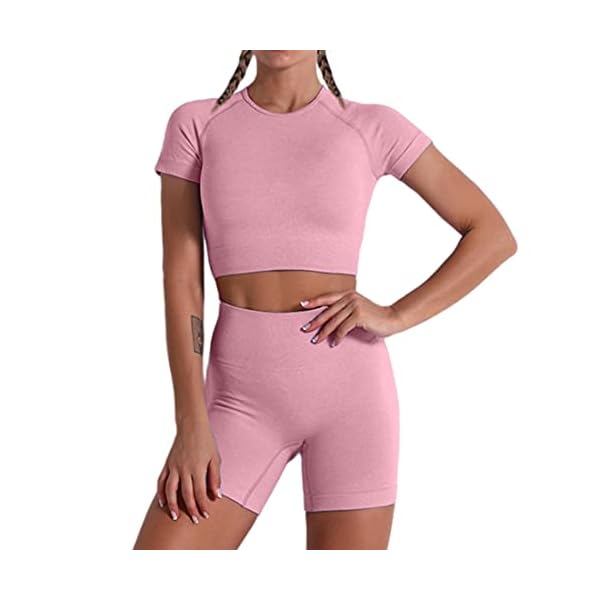 Women-Seamless-Yoga-Workout-Set-2-Piece-High-Waisted-Outfits-Sets-Crop-Tops-Exercise-Shorts-Tracksuits YR.Lover Women 2 Pieces Yoga Workout Outfits Short Sleeve Top With High Waisted Exercise Gym Sportswear Tracksuits (S, Purple, s)