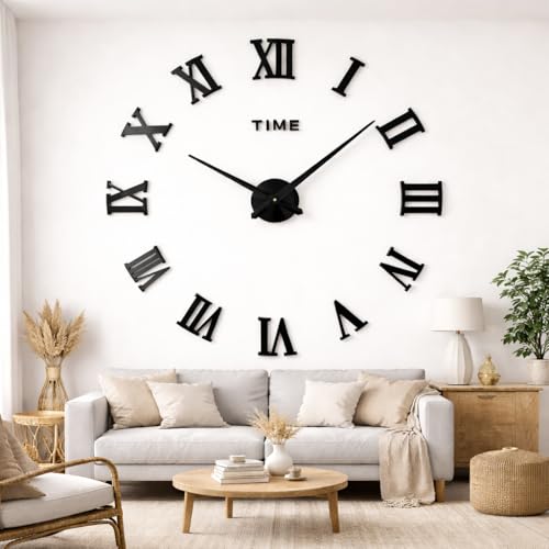 Image of PulGos 90cm Giant DIY Wall Clock - 3D Modern Roman Numeral Acrylic Sticker - Stylish Frameless Large Wall Decor for Living Room & Office - Bold Self-Adhesive Timepiece for Elegant Home Interiors
