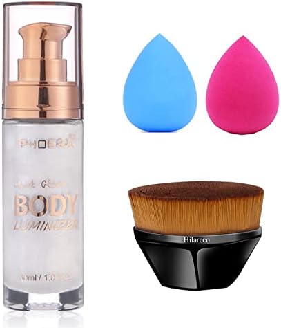 PHOERA Body Shimmer Luminizer Highlighter, Foundation Makeup Brush Flat Top Kabuki Brush, Waterproof Moisturizing and Glow For Face & Body, Face Body Glow Illuminator 1fl.oz. (105#Diamond Platinum)