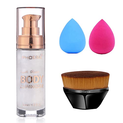 Phoera Body Shimmer Luminizer Highlighter, Foundation Makeup Brush Flat Top Kabuki Brush, Waterproof Moisturizing And Glow For Face & Body, Face Body Glow Illuminator 1Fl.oz. (105#Diamond Platinum) #TOP2