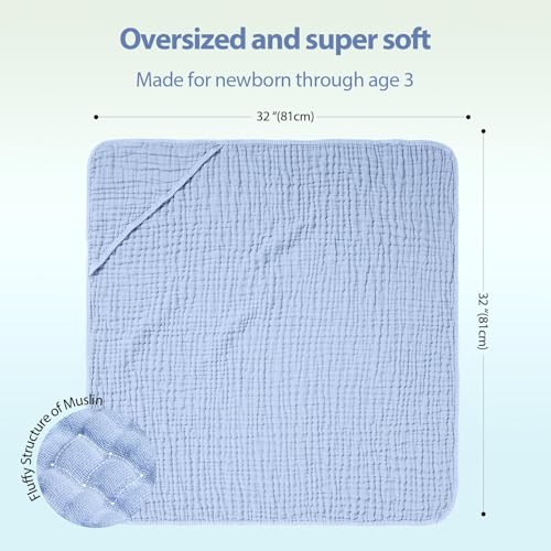 Image of Unnivoll Hooded Baby Towels for Newborn - 2 Pack, 100% Muslin Cotton, Baby Bath Towels with Hood, Soft and Absorbent for Boys, Girls Infant, Toddler and Kids, Large 32x32 Inches, Newborn Essential