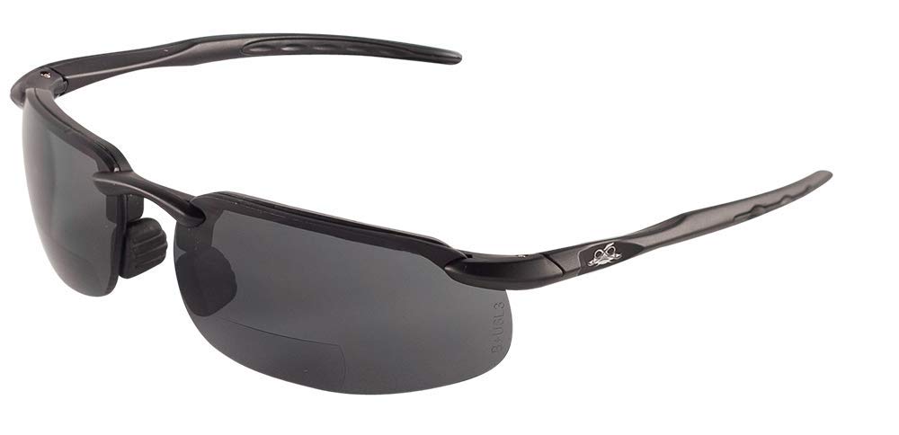 Bullhead Safety Swordfish Bifocal Safety Glasses, 1.0 Diopter, ANSI Z87+, Reader Glasses with UV Light Protection and Anti-Scratch Coating, Smoke Lenses, Matte Black Frame