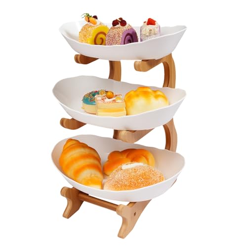 Fyssnn Obst Etagere 3 Stöckig Obstschale mit Bambusholzständer 3-Tier Servierschalen mit Ständer Geeignet zum Ablegen von Obst Süßigkeiten Desserts usw (Weiß)