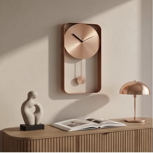 Image of The Artment your artistic apartment Rose Gold Mono Clock Modern Minimalist Wall Mounted Pendulum Clock, Brushed Metal Finish, Sculptural Luxury Decor for Living Room, Bedroom, Home & Office Interiors