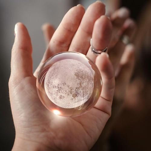 Image of 3D Moon Crystal Ball Night Lamp with Wooden Base, USB Warm White LED Lights