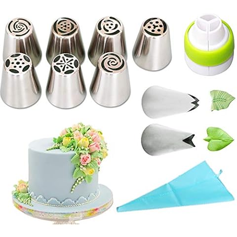 Eways 11-teiliges russisches Spritztüllen-Aufsatz-Set: 7 große Blumentüllen, 2 Bögen, 1 Adapter, 1 Silikon-Spritzbeutel, Cupcake-Dekorations-Backset, Backzubehör, Kuchendekoration Cover