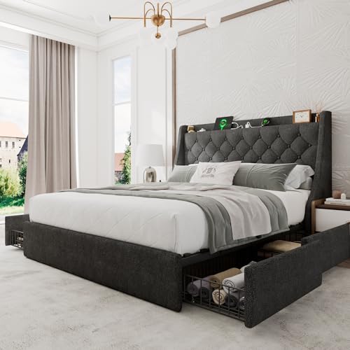 Einhomn Upholstered Queen Bed Frame with 4 Storage Drawers, Modern Platform Bed with Wingback Headboard, Charging Station, No Box Spring Needed, Dark Grey