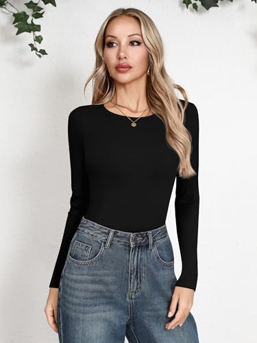 Laughido Women's Crew Neck Long Sleeve Basic T Shirts Slim Fit Casual Tops Ribbed Knit 2025 Clothes2