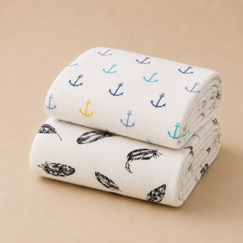Image of Organic Cotton Muslin Pack of 2 Baby Bath Towel Cotton Cloth Premium Baby Washable, Reusable, Absorbent, Extra Soft 120 X 120 Cm Anchor & Black Wing