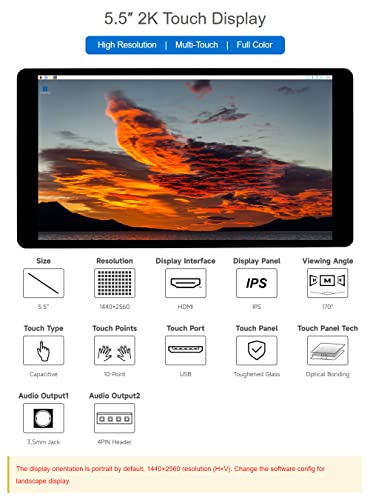 Image of waveshare 5.5inch 2K Capacitive Touch LCD Display Compatible with Raspberry Pi 4B /3B+ /Pi 3B /Zero 2w /Zero w and CM4 Supports Windows 11 /10 /8.1 /8 /7 Comes with Case