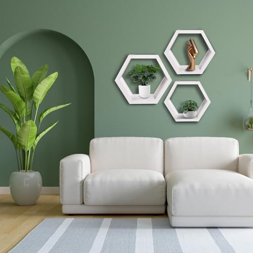 YLYHSST Hexagon Floating Shelves Set of 3, Wooden Wall Mounted Honeycomb Shelf for Wall Storage, Decorative Shelf for Bedroom Living Room, White