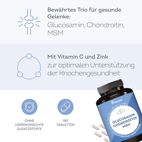 Glucosamin Chondroitin MSM – 180 Tabletten - Mit Vitamin C, Zinc, Boswellia - Für Knochen, Knorpel, Kollagenbildung - Gelenkkapseln - Laborgeprüft, Ohne Zusatzstoffe - Vitavea