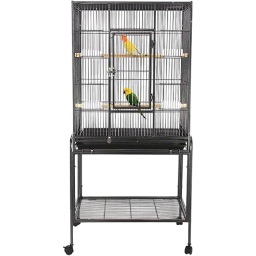53 Inch Bird Cage with Wooden Perches, Standing Wrought Iron Birdcage with Wheels, Large Parrot Cage Bird Cages with Slide-Out Tray Water Bottle Feede