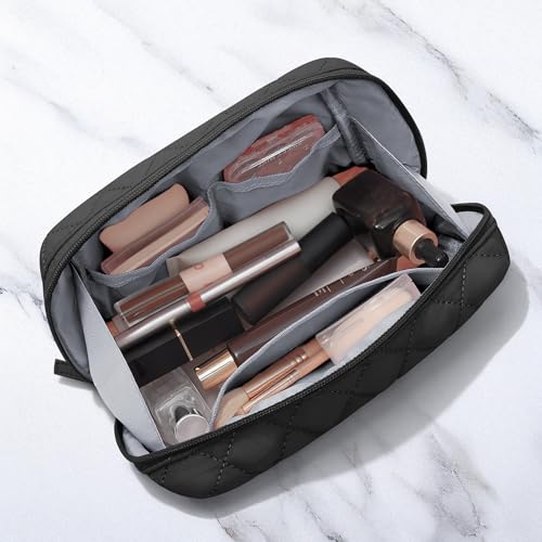 TOPEAST Makeup Bag for Women, Quilted Travel Cosmetic Bag Large Capacity Puffy Make Up Bag Pouch, Open Flat Waterproof Toiletry Bags Organizer for Traveling, Black2