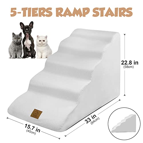 5-Tiers High Density Foam Dogs Ramp Stairs,23'' Height Large Pet Stairs For Joint Injury,Old Short Leg Pets To Reach Couch Bed,Indoor Non-Slip Bottom Pet Ramp-Machine Washable,Gift 1 Lint Roller Set #TOP1