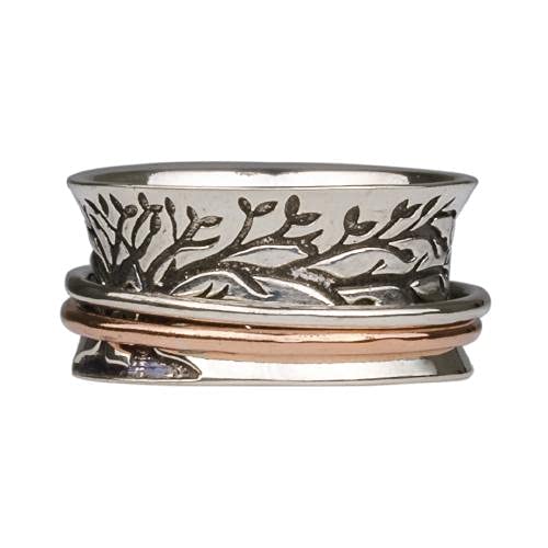 ENERGY STONE 925 Sterling Silver Fidget Ring | Couple Spinner Ring | Double Tree | Two People From Different Roots Grow to Become One | Promise Anniversary Engagement Wedding Silver Ring | Size 5-113