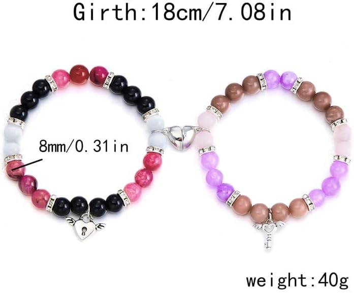 Caiyao Matching Couples Bracelets Friendship Bracelets Heart Stone Beads Lock Key Angel Wing Distance Promise Bracelet for Best Friends Bff Couples Valentine's Day - Image 3