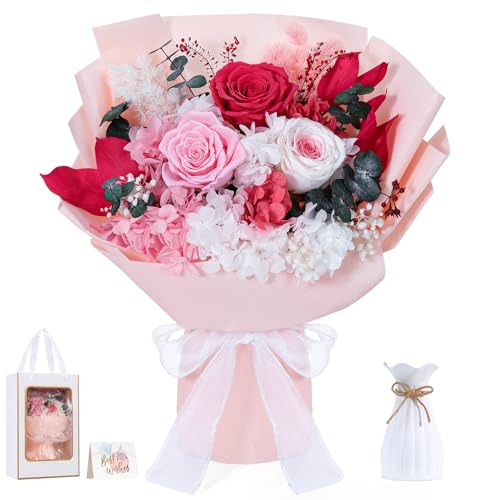 Lewondr Ramo de Flores Conservadas con Jarrón – 3 Rosas y Flores Reales, Ramo Rosas Eternas de Larga Duración, Regalo Eterno para Madre, Esposa, San Valentín Aniversario o Cumpleaños, Rosa