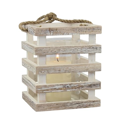 Stonebriar Small Worn White Wooden Beach House Candle Lantern with Rope Handle and Removable Glass Cylinder Hurricane